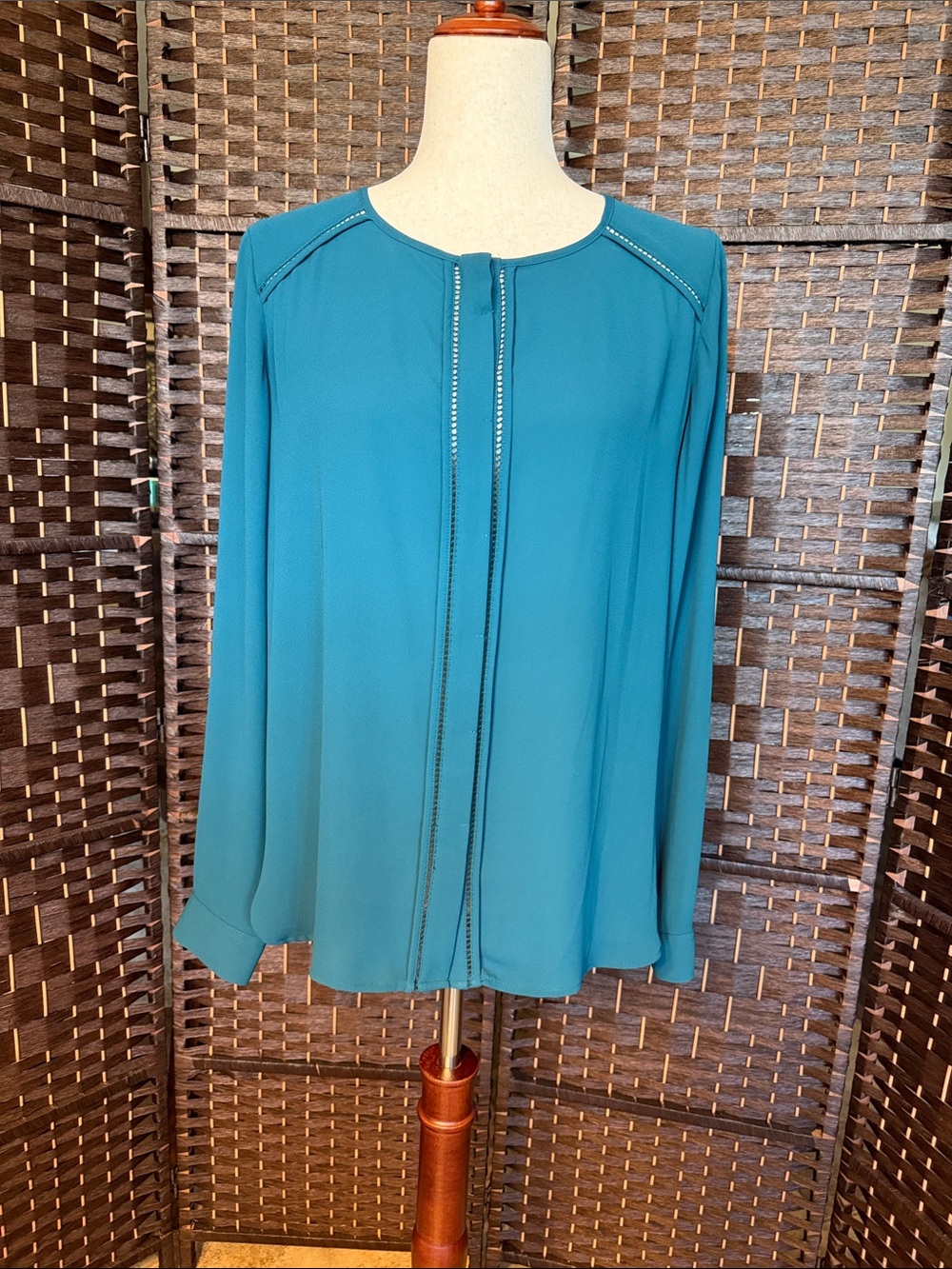 LOFT Teal Long-Sleeve Blouse with Decorative Stitching